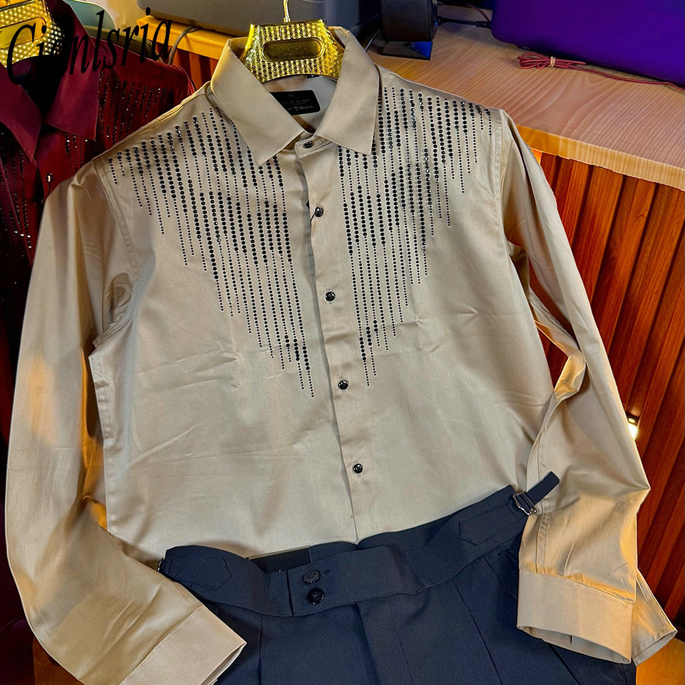 남성용 럭셔리 세로형 라인스톤 긴팔 셔츠 라펠 칼라 버 - Men Formal Party Wear Shirt 리뷰 및 가격