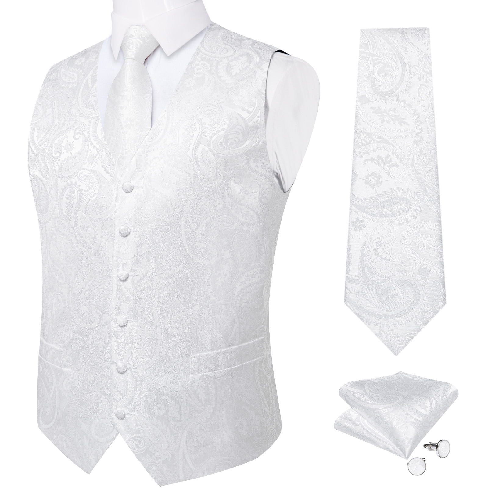 남자를위한 순수한 흰색 웨딩 조끼 민소매 v 넥 새틴  - Men Formal Wear Vest 리뷰 및 가격